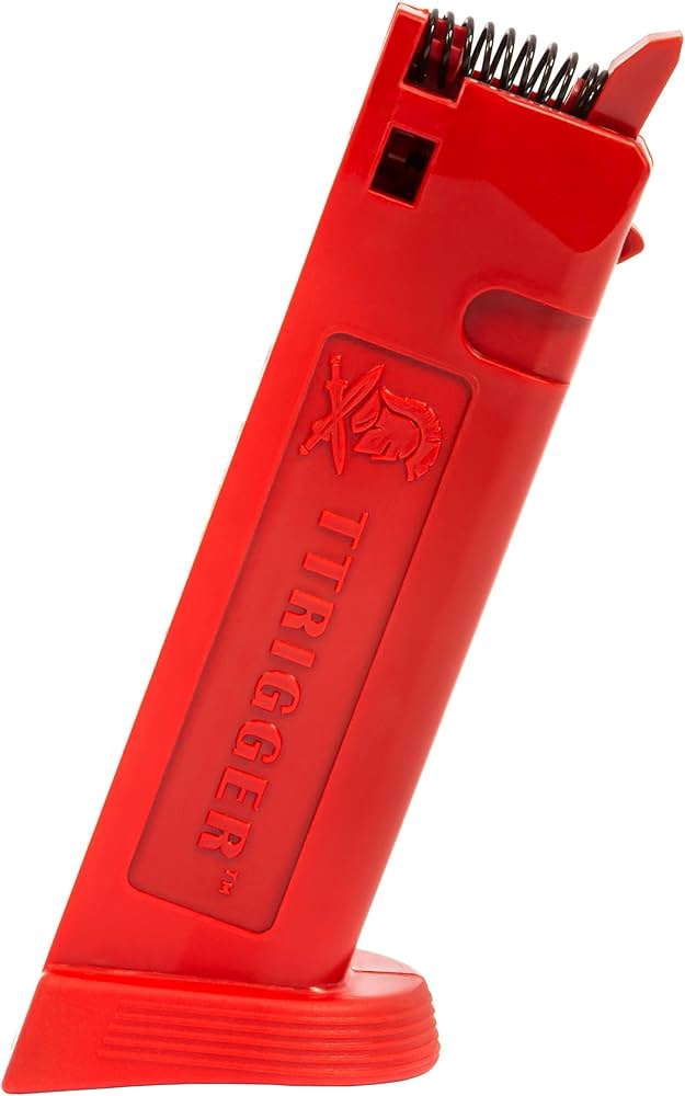 Red plastic TIRIGGER dry-fire reset magazine for Springfield Armory XD pistols, shown standing upright with spring visible at top.