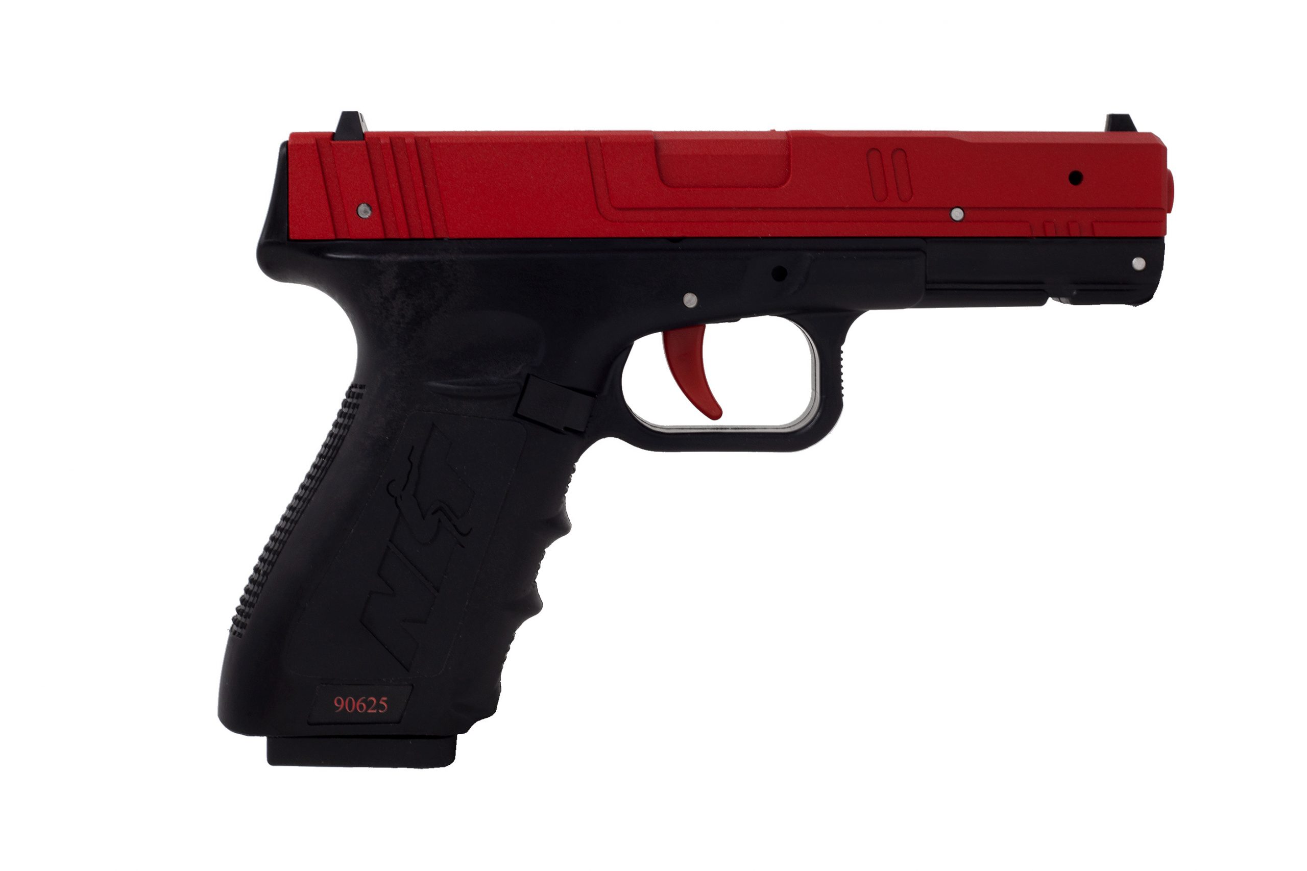 SIRT laser training pistol with red slide and black frame on white background, right side profile view