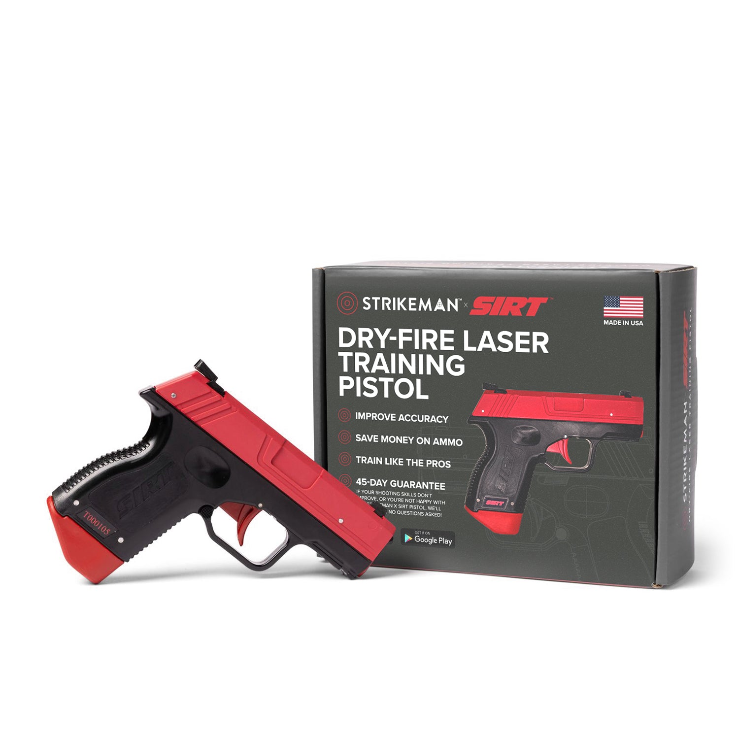 Red and black SIRT dry-fire laser training pistol leaning against its retail box, which reads Strikeman x SIRT Dry-Fire Laser Training Pistol, on a white background.