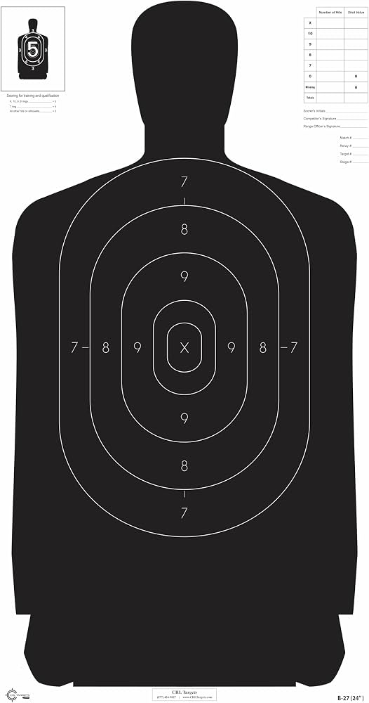 Black B-27 silhouette shooting target with concentric oval scoring zones labeled 7 through X, with a scoring table in the upper right corner.