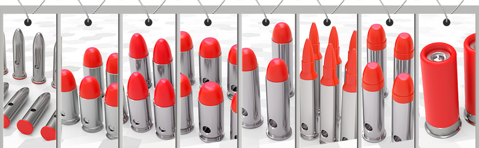 Rows of silver and red dummy rounds and snap caps in multiple calibers displayed against a white background.
