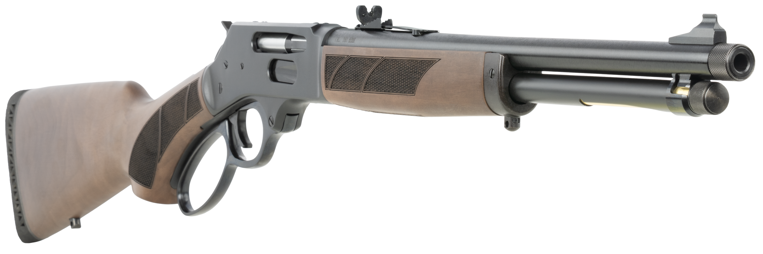 Henry Protector Carbine lever-action with walnut stock, threaded barrel, Picatinny rail, and adjustable rear sight on a white background.
