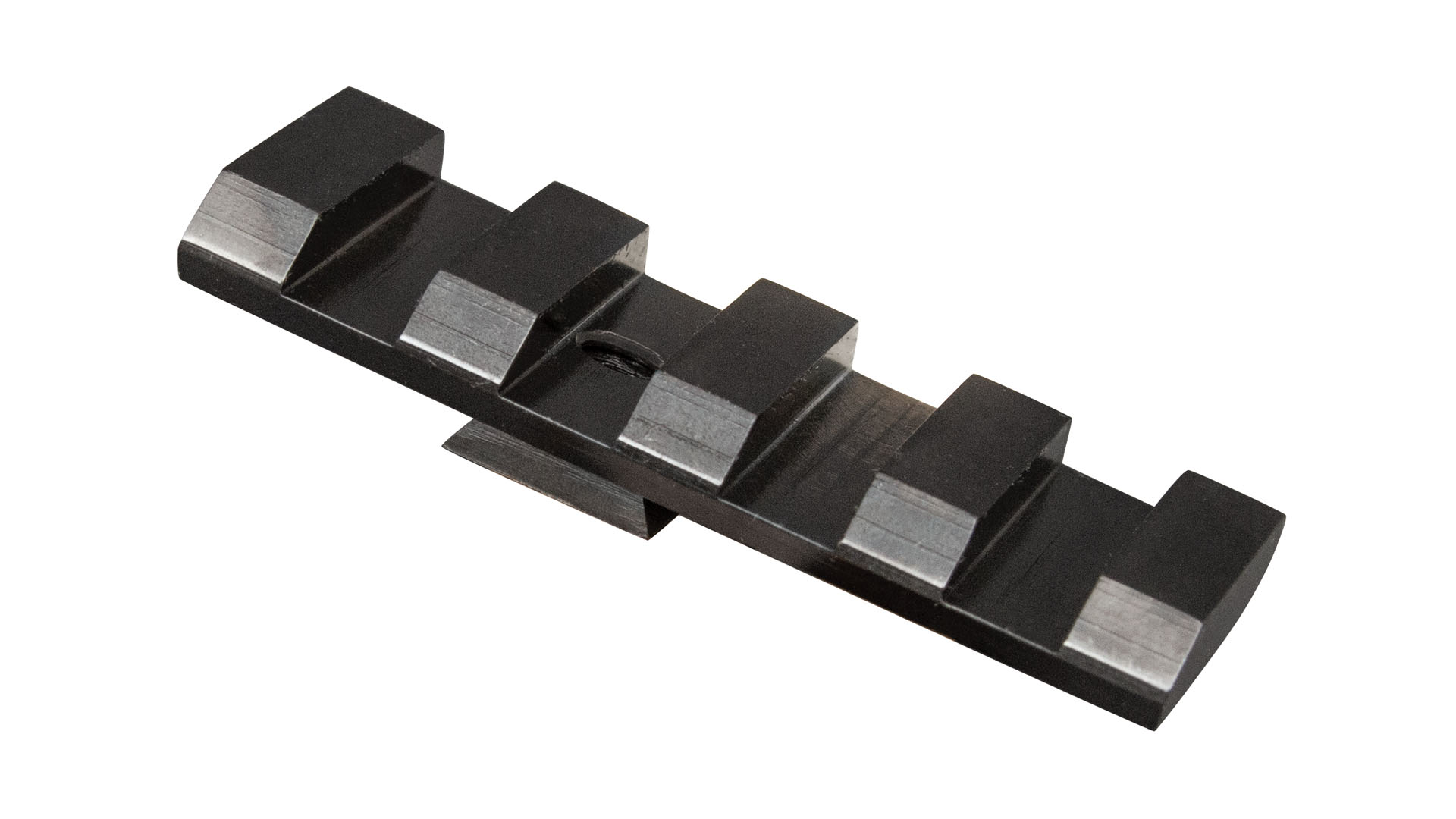 Isolated short Picatinny rail section in matte black steel on white background.