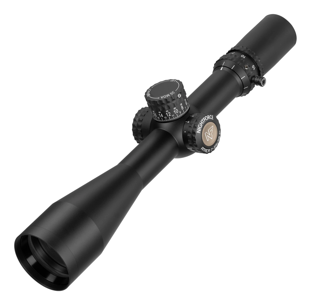 Nightforce ATACR 7-35x56 rifle scope in matte black, shown at an angle displaying the elevation turret and power selector ring.