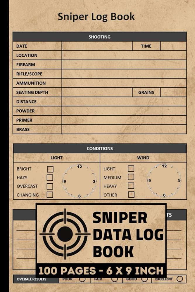 Interior page of a Sniper Data Log Book showing fields for shooting details and conditions, alongside the book's cover indicating 100 pages at 6x9 inches.