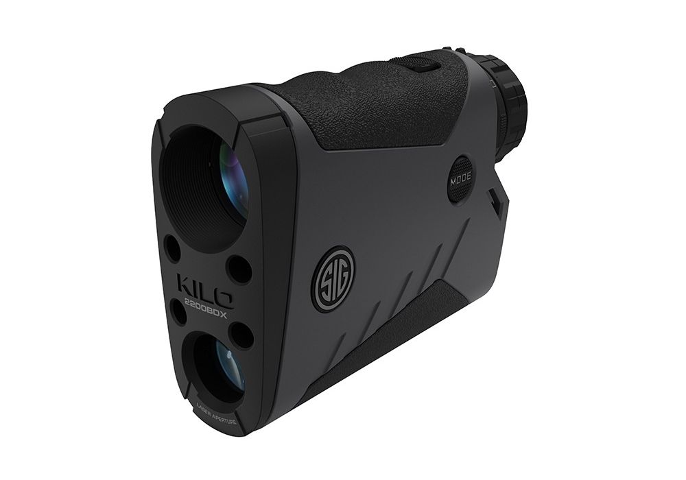 Sig Sauer Kilo 2200BDX laser rangefinder in dark gray, angled view showing objective lens, laser aperture, MODE button, and Sig logo.