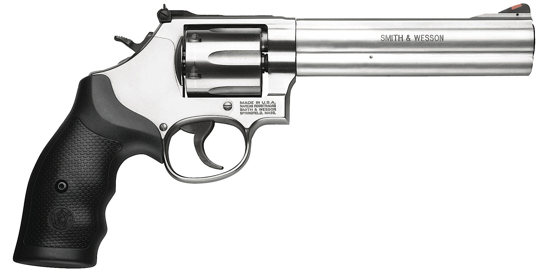 Smith & Wesson 686 stainless steel revolver with 6-inch barrel and black rubber grips, right-side profile view