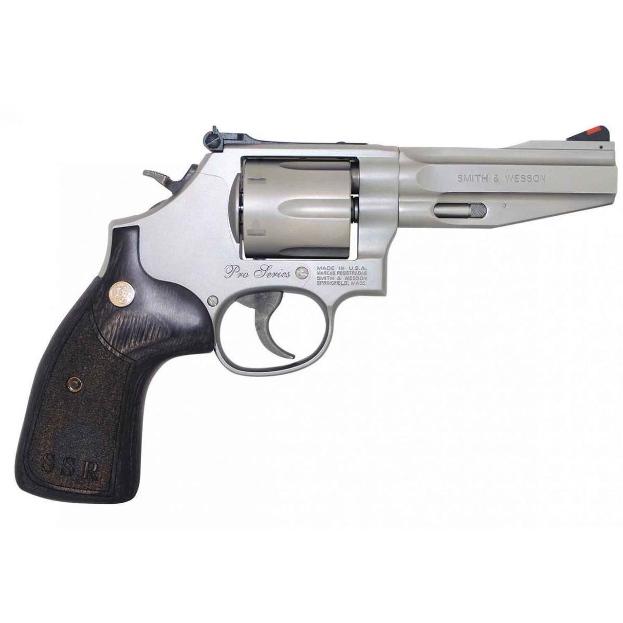 Smith & Wesson 686 SSR Pro Series stainless revolver with wood grips and red fiber optic sight, right side view