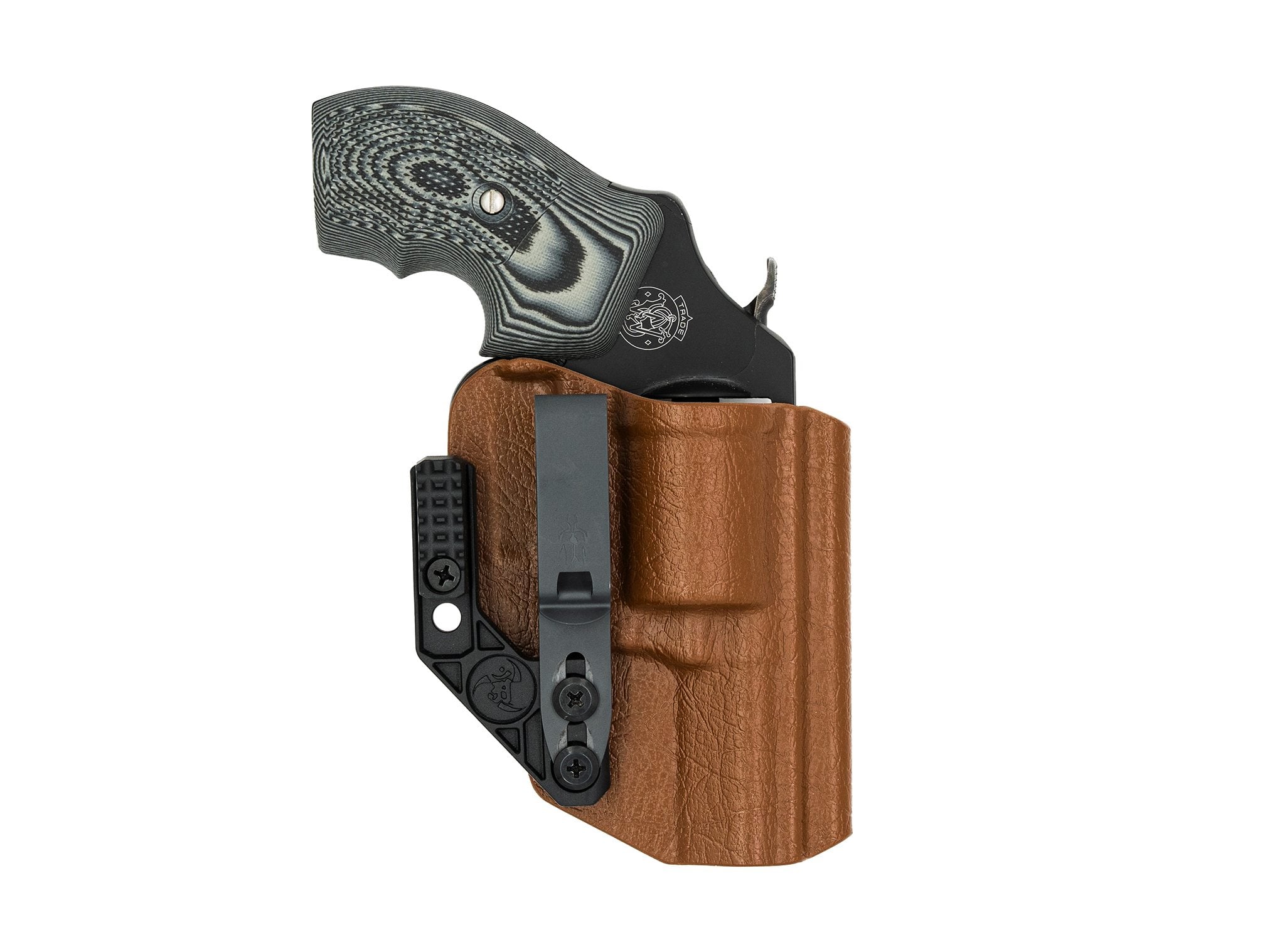 Smith & Wesson 686 revolver in a brown leather IWB holster with black polymer belt clip