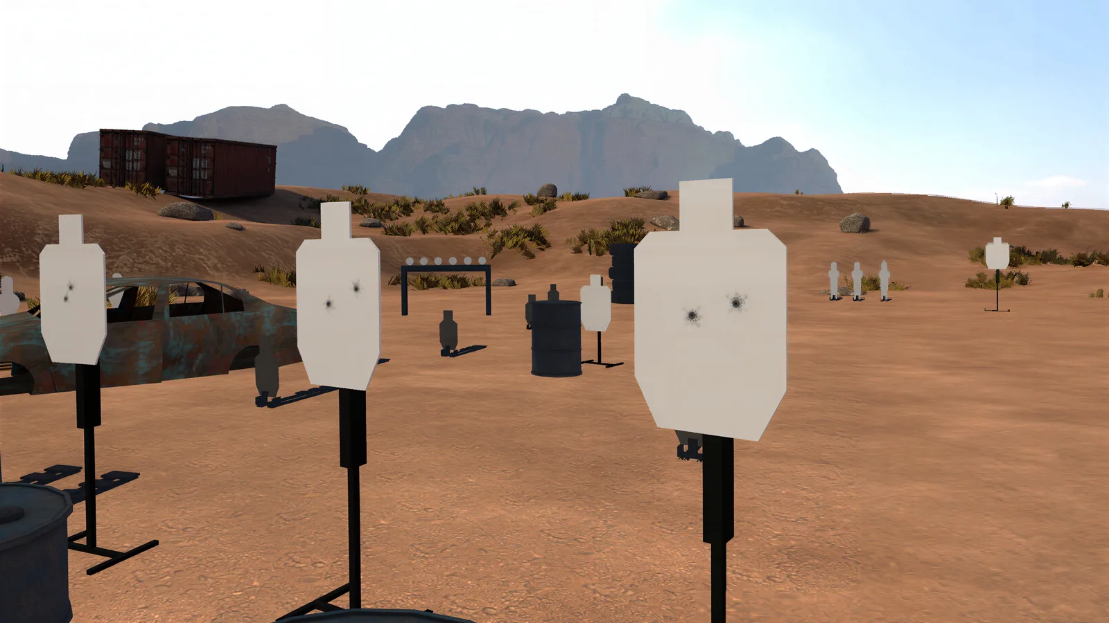 3D rendered outdoor shooting range with multiple IPSC paper targets on stands and steel silhouette targets spread across a desert landscape with mountains in the background.