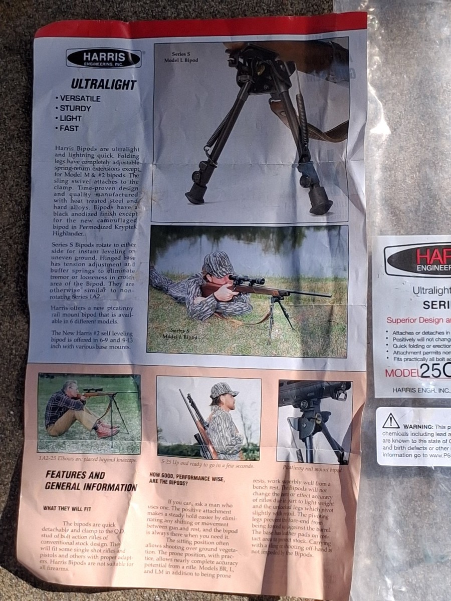 Harris Engineering bipod product brochure showing Series S and Model L bipods with shooting position illustrations, alongside a Model 25C packaging label.