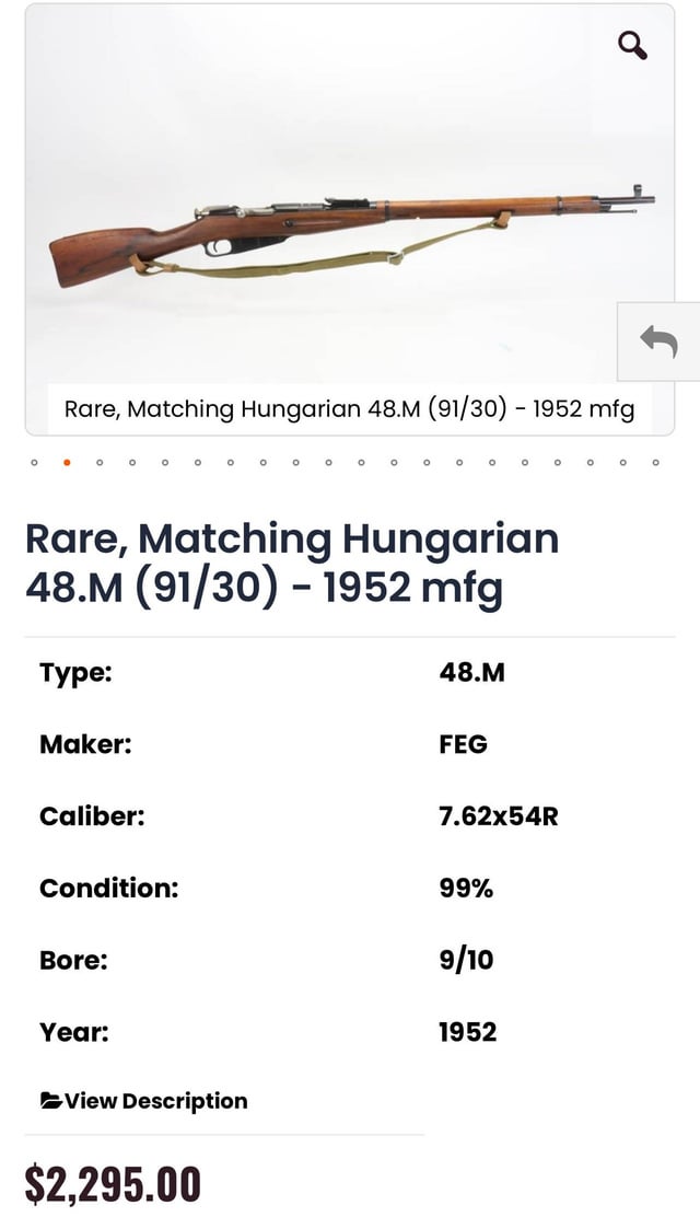 Hungarian FEG 48.M bolt-action rifle in 7.62x54R with walnut stock and green sling, shown in a GunBroker listing at $2,295.