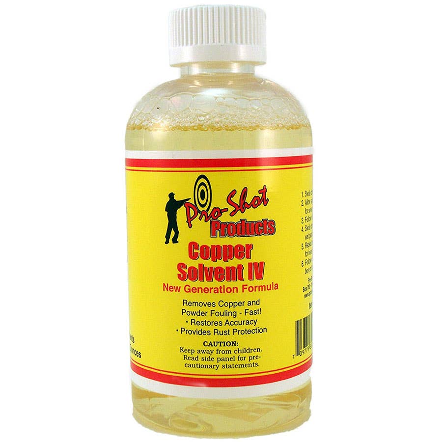 Bottle of Pro-Shot Products Copper Solvent IV bore cleaner with yellow and red label