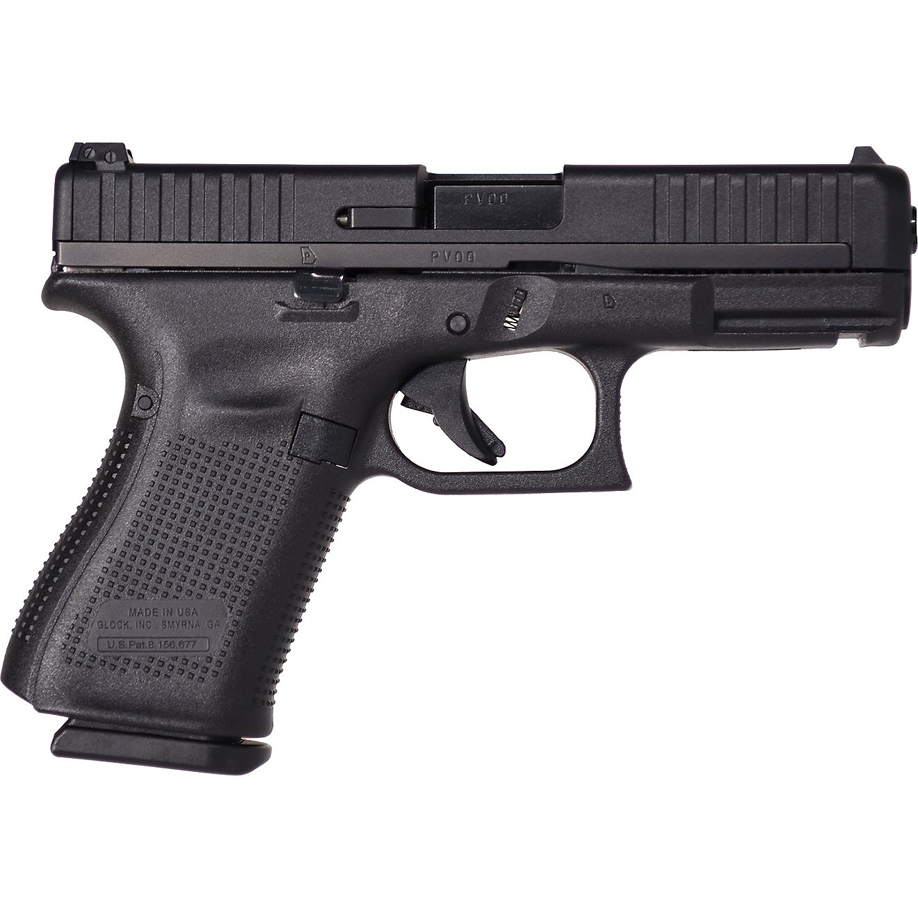 Left-side profile of a Glock 44 pistol in black, showing Gen 5 frame texturing, safe-action trigger, and hybrid slide with front and rear serrations.