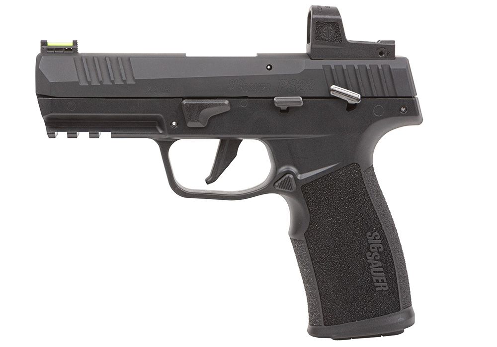 Left-side profile of a SIG Sauer P322 .22 LR pistol with a micro red dot optic mounted on the slide, against a white background.