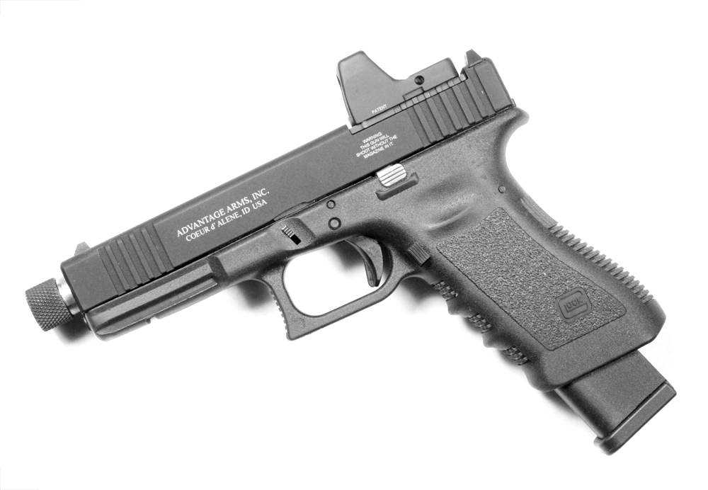 Black and white photo of a Glock pistol fitted with an Advantage Arms .22 LR conversion slide, threaded barrel, and small red dot optic, on a white background.