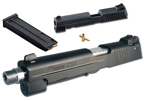 Disassembled Sig Sauer .22 LR conversion kit showing slide assembly with threaded barrel, upper slide component, extended magazine, and a single .22 LR cartridge.