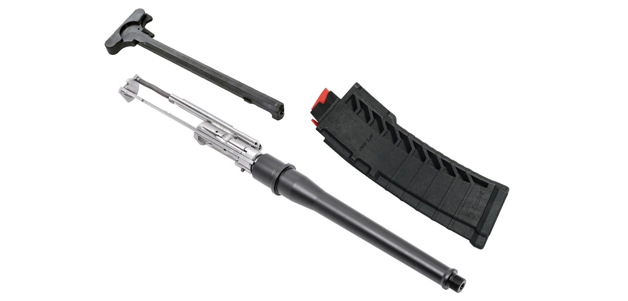Disassembled .22 LR pistol conversion kit showing barrel, bolt carrier group, charging handle, and polymer magazine with red follower on white background.