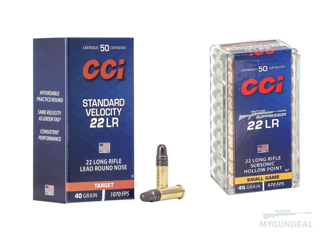 Person holding two boxes of CCI 22 LR ammunition, Standard Velocity and Sub-Sonic, in clear plastic packaging.
