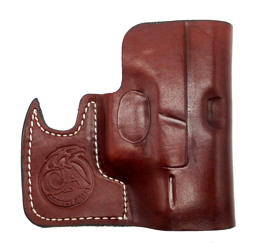 Brown leather pocket holster with white stitching and embossed Cepeci Arms logo, shown empty on a white background.