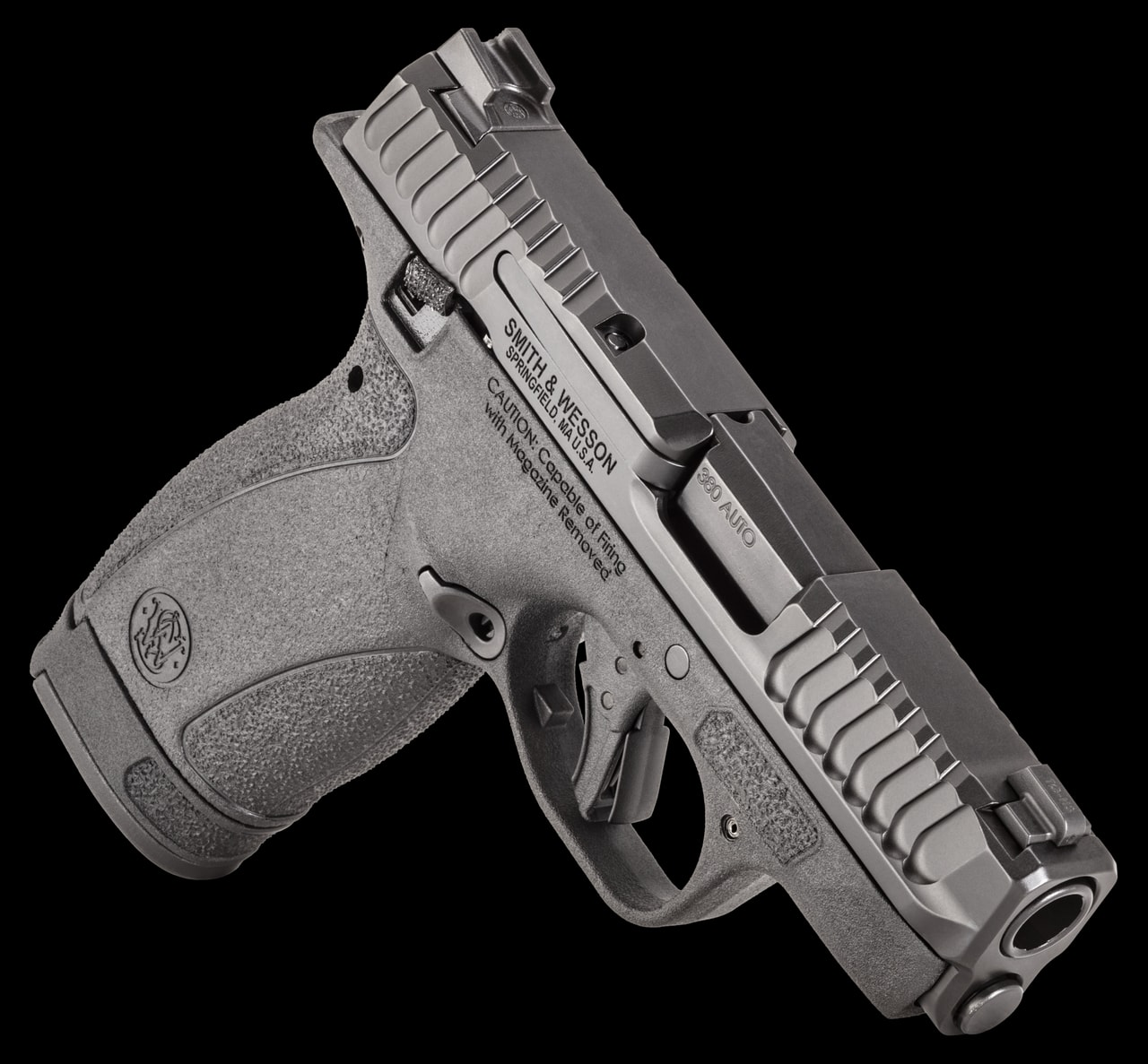 Smith & Wesson M&P Bodyguard 2.0 chambered in .380 Auto, shown in gray finish against a black background, displaying the left side of the pistol with visible S&W markings and textured grip.