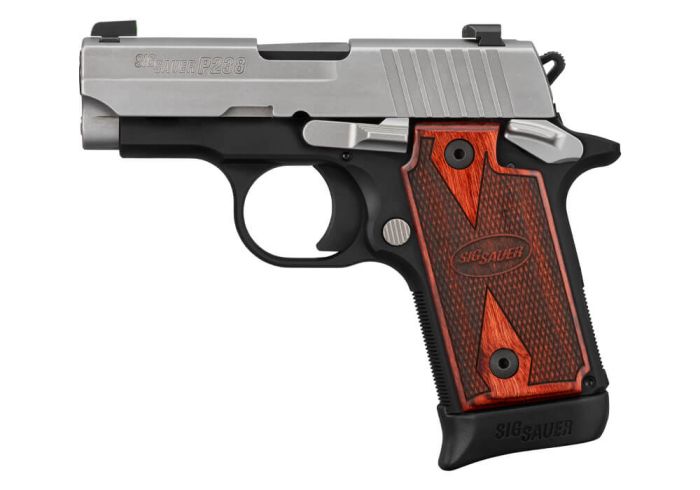 Sig Sauer P238 two-tone pocket pistol with stainless slide, black frame, and rosewood grips shown in right profile against white background.