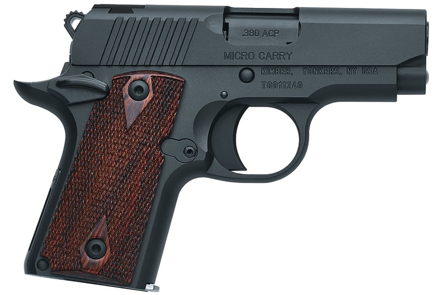 Kimber Micro Carry .380 ACP semi-automatic pistol with matte black finish and rosewood grips, shown from the left side.