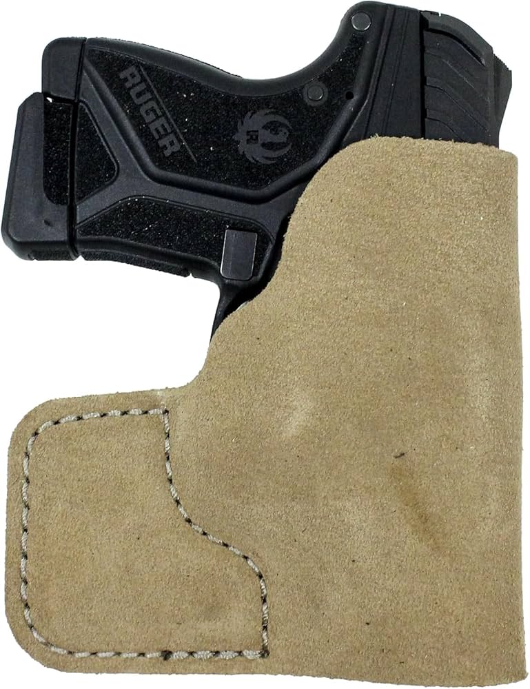 Ruger LCP II pistol partially inserted into a tan suede pocket holster, shown against a white background.