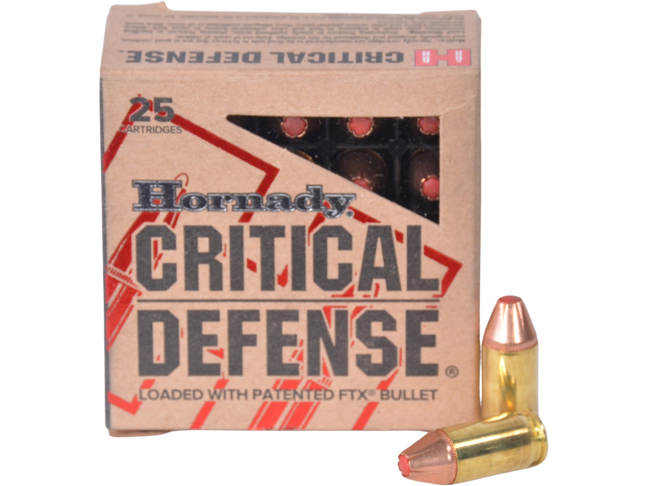 Box of 25 Hornady Critical Defense FTX cartridges with two rounds displayed showing the red polymer-tipped FTX bullet design.