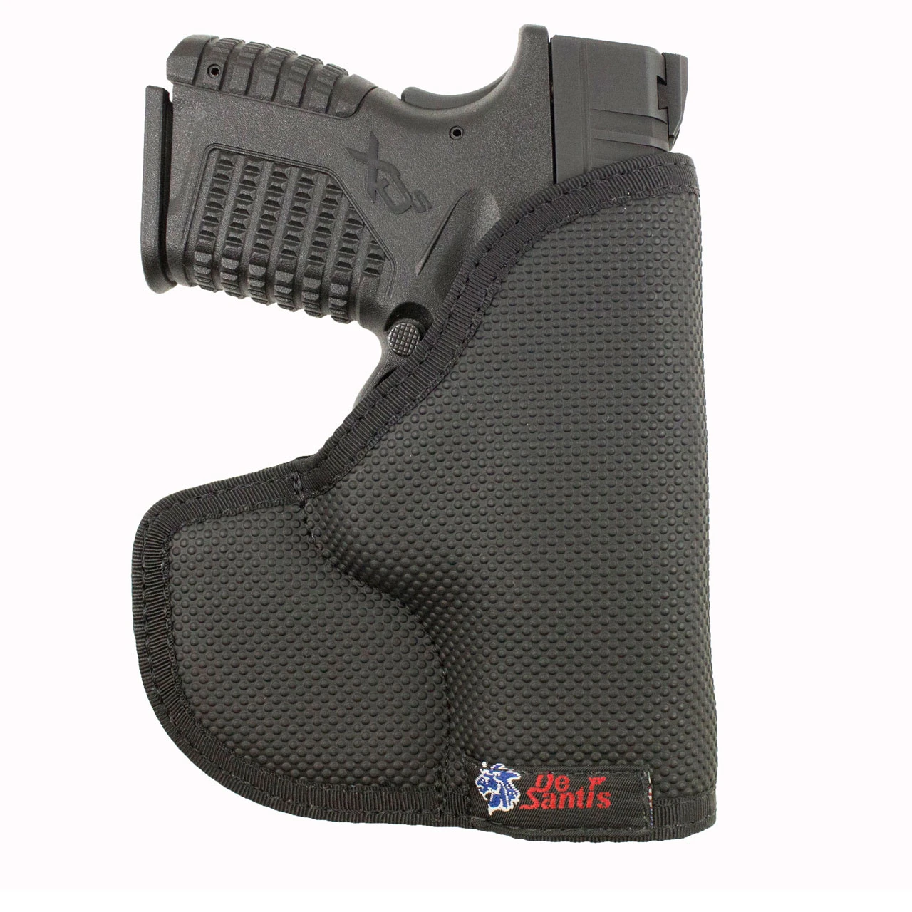 Springfield Armory XDs subcompact pistol holstered in a black DeSantis Nemesis pocket holster against a white background.
