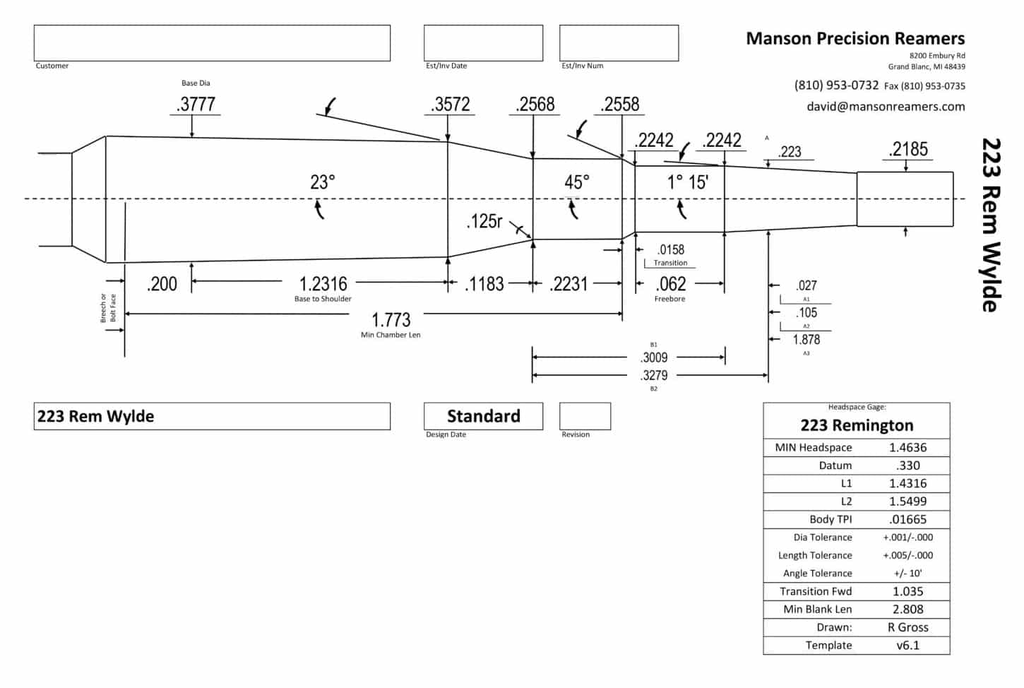 Technical engineering drawing of the 223 Rem Wylde chamber reamer from Manson Precision Reamers, with all critical dimensions labeled including freebore, headspace, and throat angles.