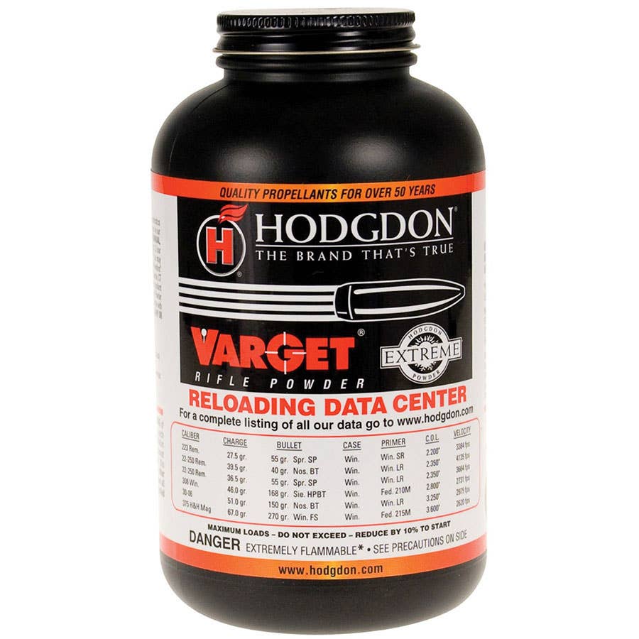 One-pound canister of Hodgdon Varget Extreme rifle powder with reloading data chart on label.