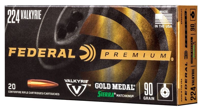 Box of Federal Premium Gold Medal .224 Valkyrie ammunition, 90-grain Sierra MatchKing, 20 rounds.