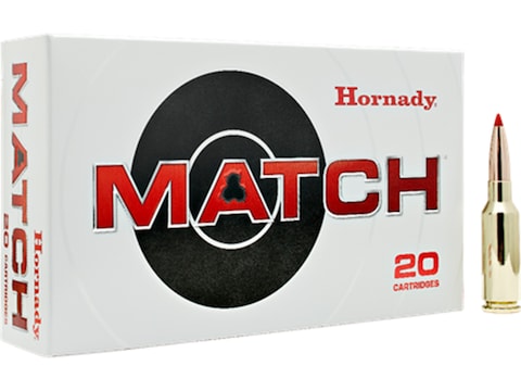Box of Hornady Match ammunition with a single brass cartridge displayed beside it.