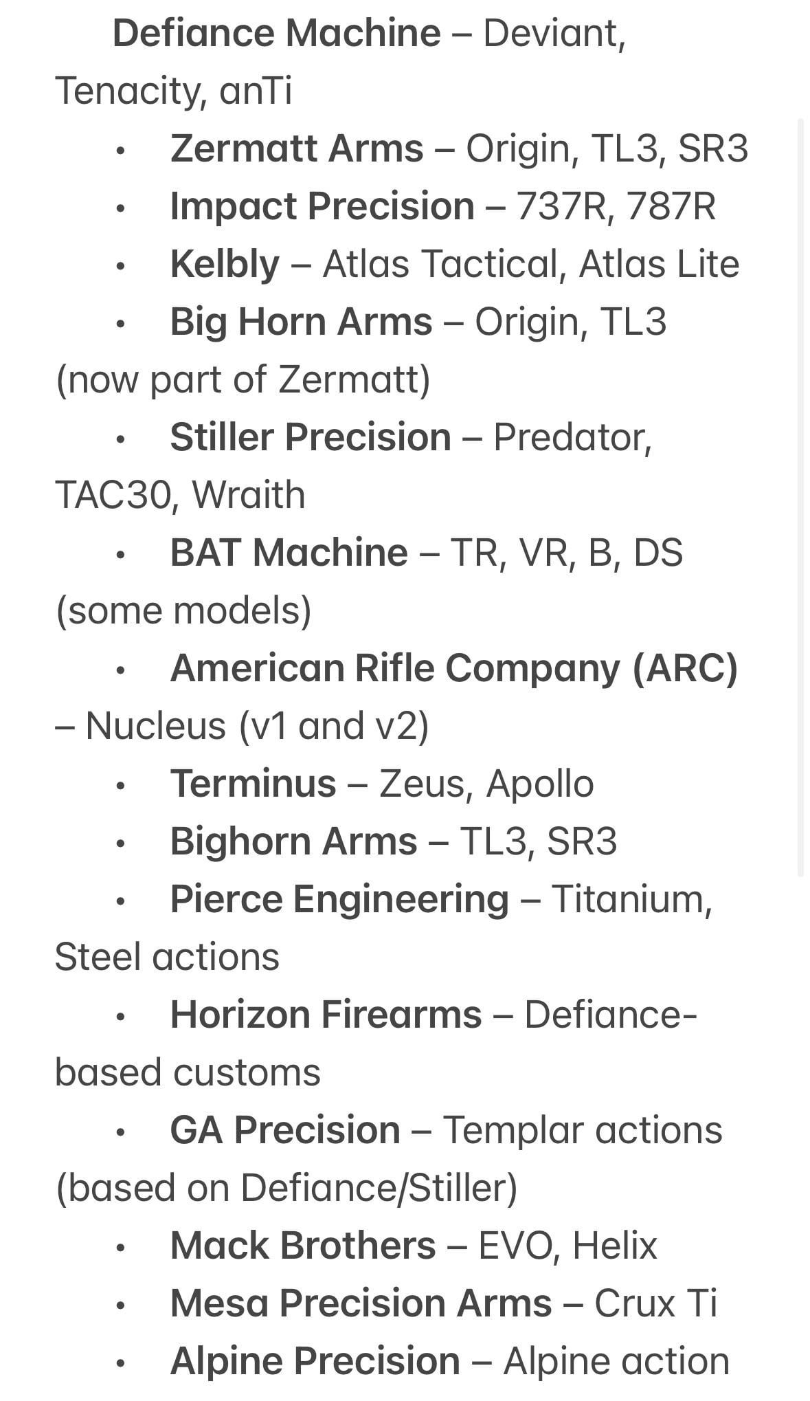 Text list of precision rifle action manufacturers and their model names, including Zermatt Arms, Impact Precision, Stiller Precision, BAT Machine, and others.