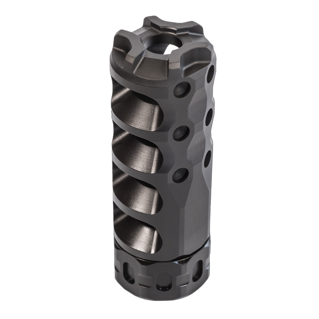 Cylindrical muzzle brake with helical baffles and circular side ports, machined from steel with a dark finish, shown on a white background.