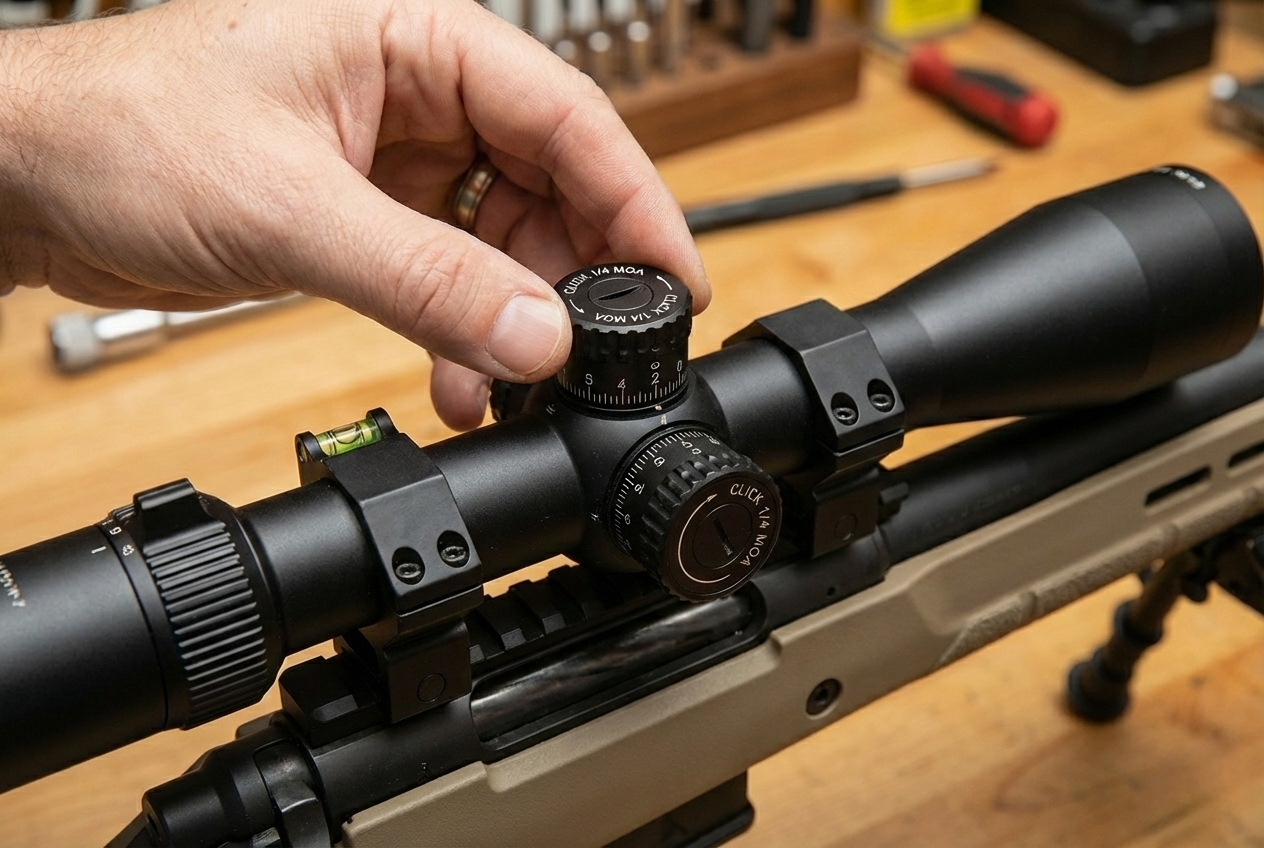 Close-up of a hand adjusting the elevation turret on a rifle scope mounted on a tan chassis rifle at a workbench, with 1/4 MOA click markings visible on the turret cap.