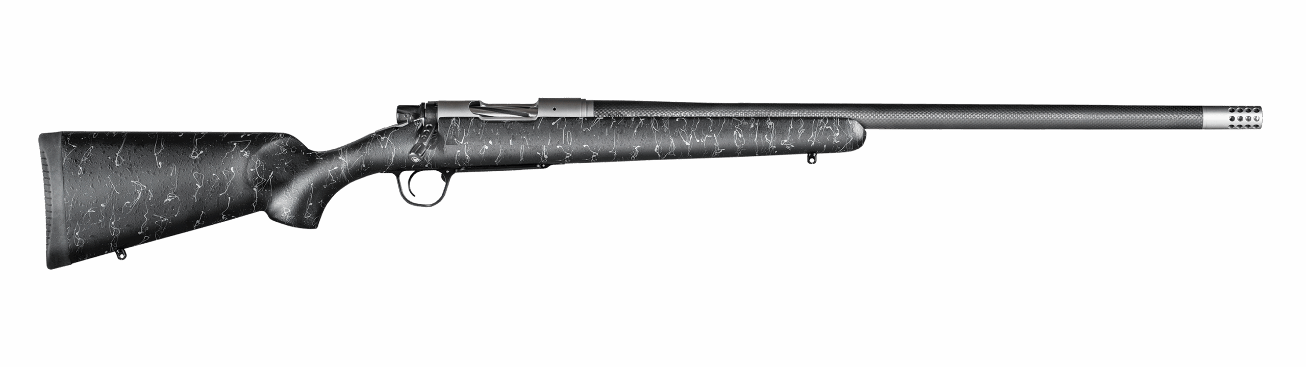 Christensen Arms Ridgeline bolt-action rifle with carbon fiber barrel and black and white speckled composite stock on white background.