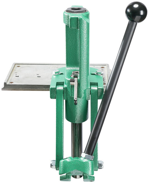 RCBS Rock Chucker Supreme single-stage reloading press with green cast iron frame, compound linkage, and ball-handle lever, mounted to a metal base plate.