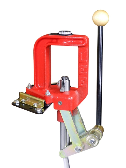 Red RCBS Rock Chucker Supreme single-stage reloading press with cast iron O-frame and compound leverage handle, shown on white background.