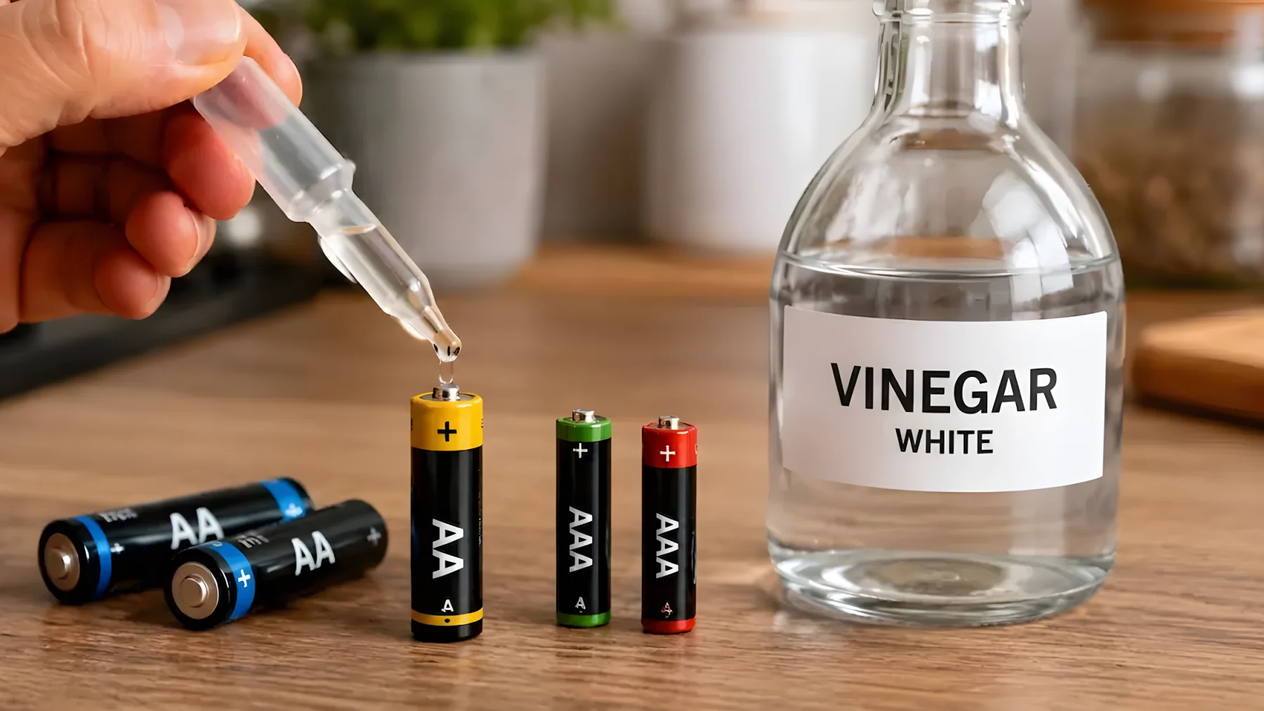 A hand using a dropper to apply white vinegar to AA and AAA batteries on a wooden surface, with a glass bottle of white vinegar nearby.