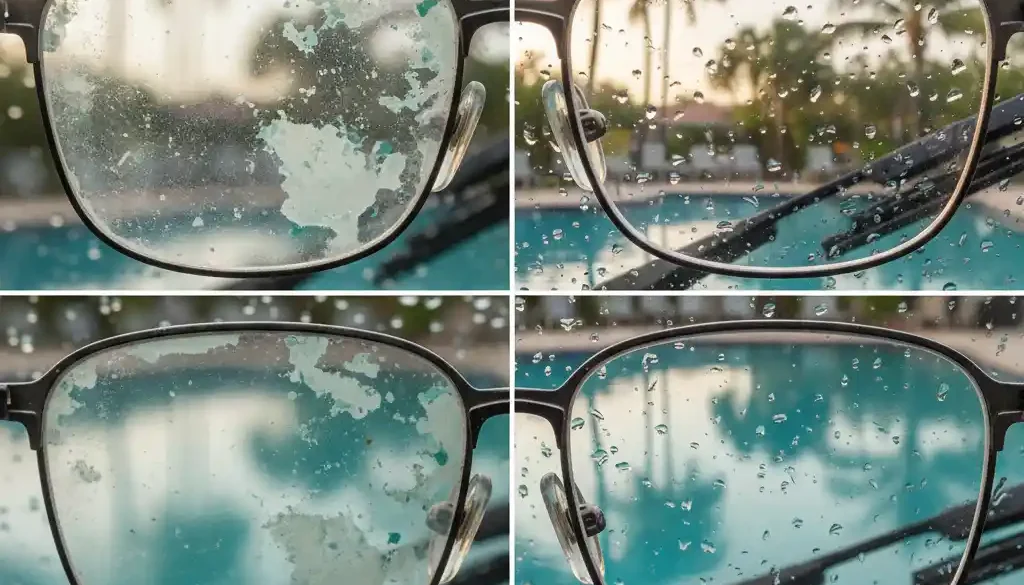 Four-panel comparison of eyeglass lenses showing dirty, spotty, and water-droplet-covered lenses in varying conditions.
