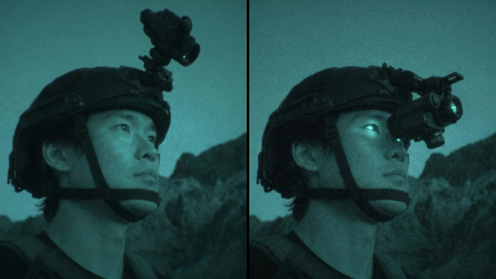 Split image showing the same person wearing a tactical helmet with a night vision monocular, stowed upright on the left and flipped down over the eye on the right, photographed in low-light conditions with a teal tint.