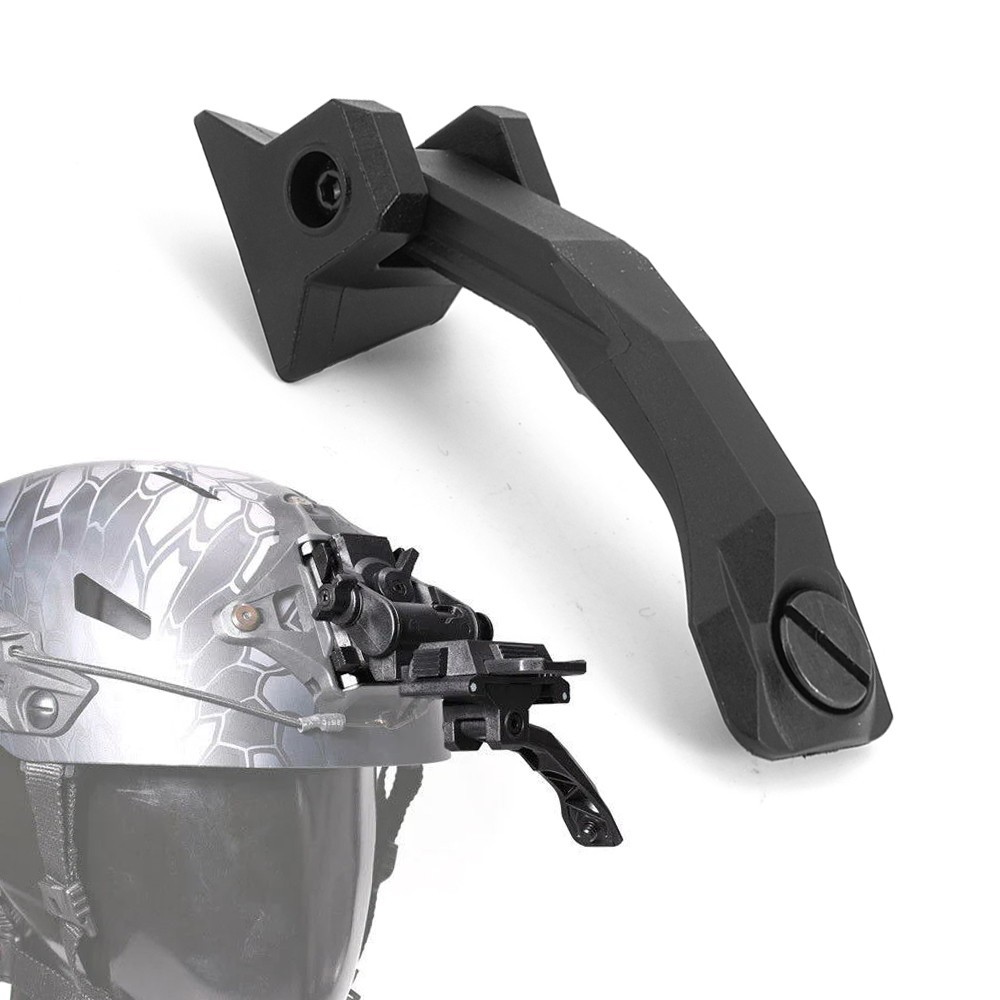 Black NVG arm mount and dovetail interface shown alongside a camouflage FAST helmet with a night vision mounting bracket attached to the front.