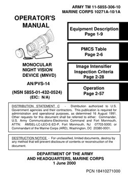 Cover page of Army TM 11-5855-306-10 Operator's Manual for the AN/PVS-14 Monocular Night Vision Device, dated 1 June 2000.
