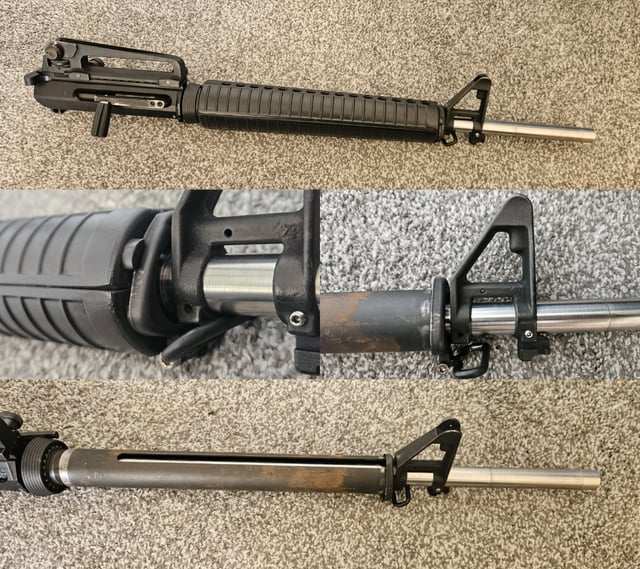 Three-panel photo showing different angles of a 20-inch stainless barrel AR-15 upper receiver with rifle-length handguard and A-frame front sight base.