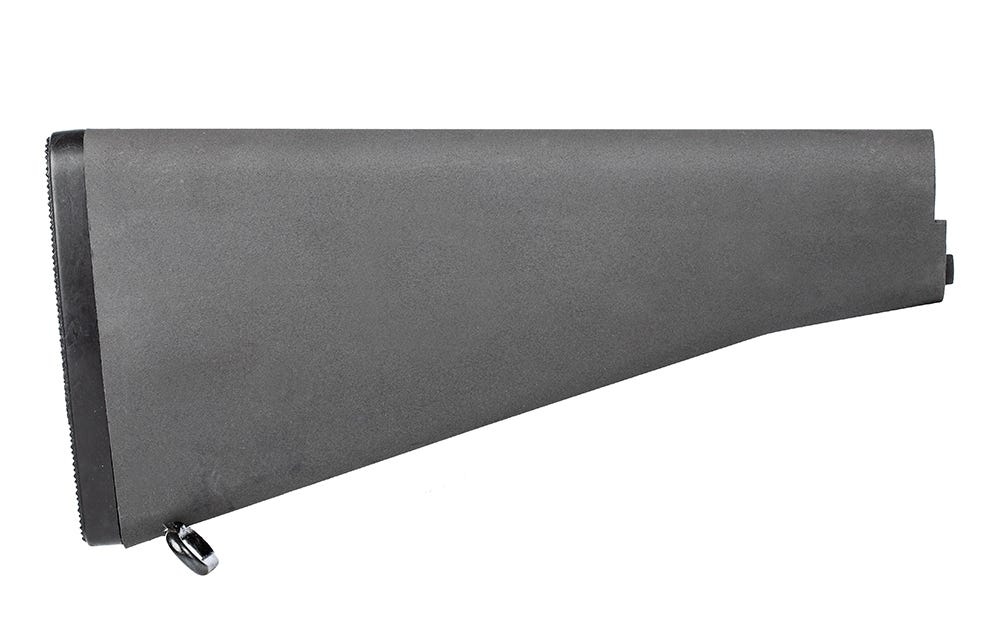 Black synthetic A2-style fixed rifle stock shown in profile against a white background, with rubber buttpad, serrated toe, and sling swivel stud visible.