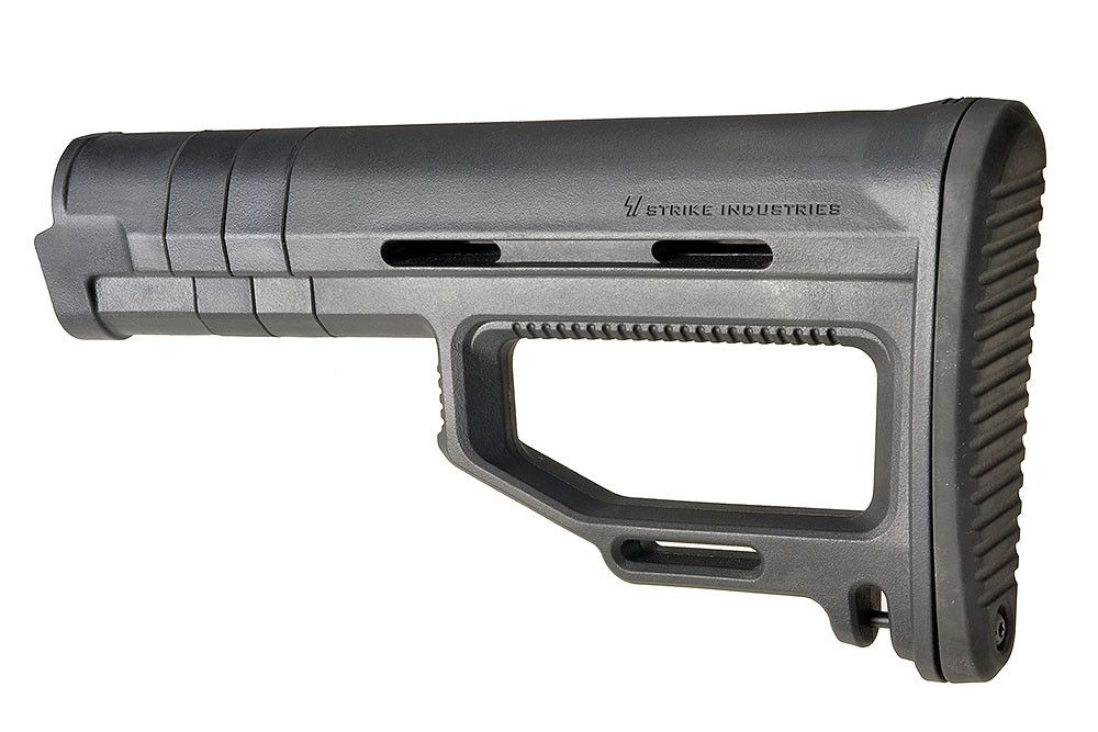Strike Industries fixed AR-15 stock in gray polymer, shown in profile against a white background.