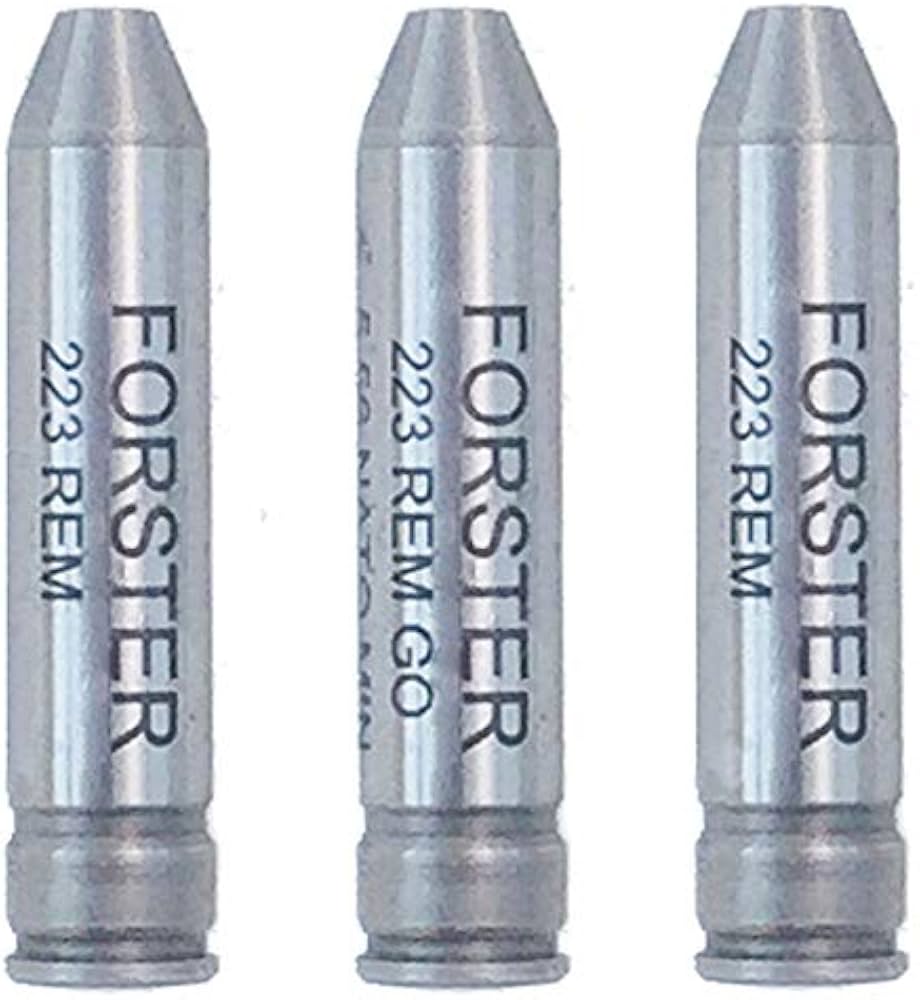 Three Forster headspace gauges for .223 Remington, labeled Go, No-Go, and Field, shown side by side on a white background.