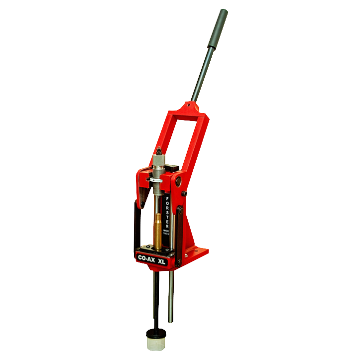 Forster Co-Ax XL reloading press in red with a brass cartridge loaded in the die station and a long operating handle extended upward.